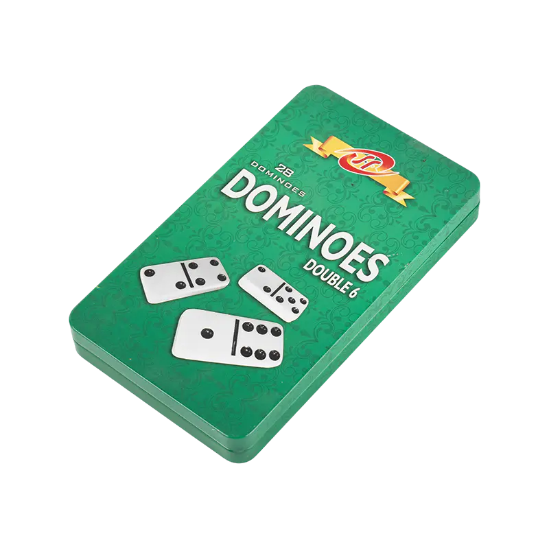Tavallinen kaksinkertainen kuusi domino tummansinisessä rautalaatikossa